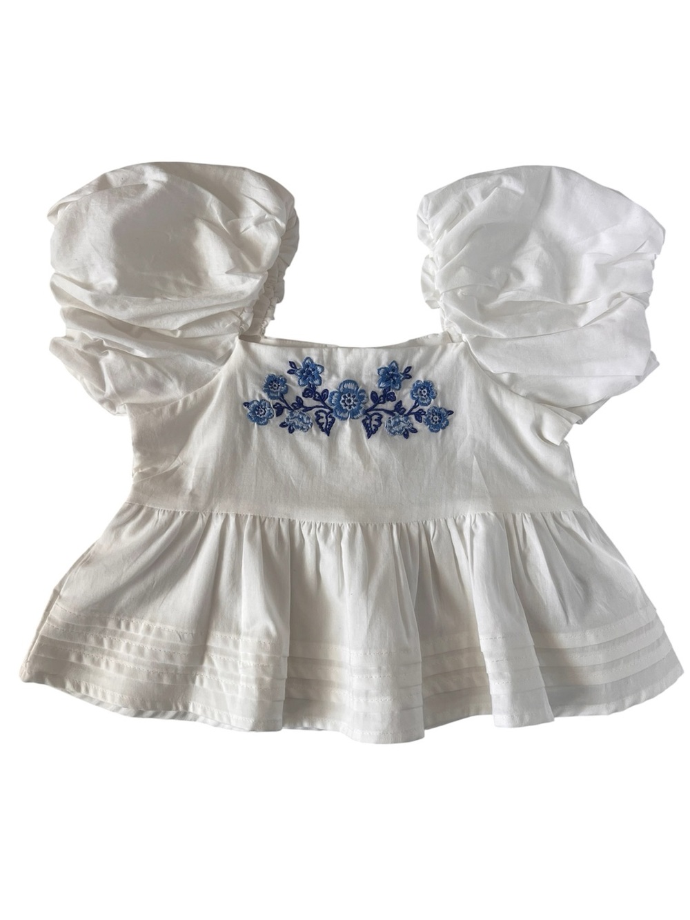 NEW Janie and Jack White Puff-Sleeve Top with Blue Floral Embroidery